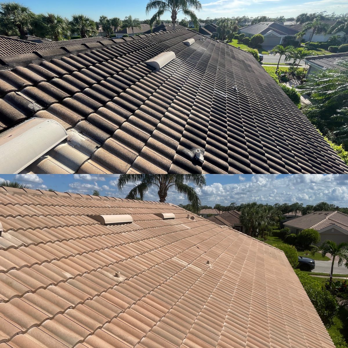 Roof soft wash before and after — Gydn Roofing Southwest Florida